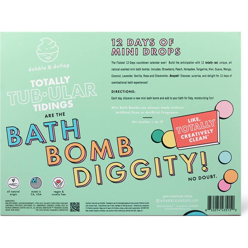 Dabble & Dollop 12 Days of Mini Drops Bath Bomb Countdown Calendar on a mint box with the colorful Bath Bomb Diggity title and bubbles