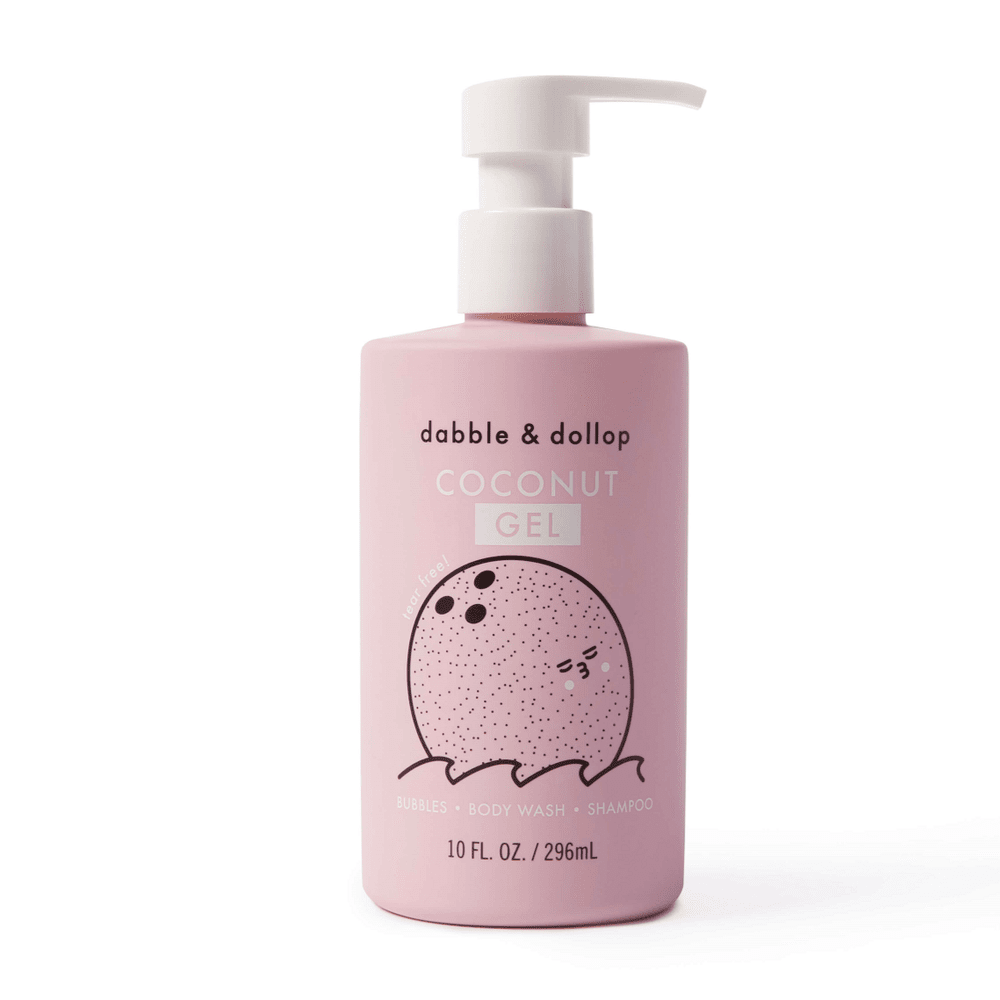 Dabble & Dollop All-Natural Shampoo, Body Wash & Bubbles Coconut in a pink bottle with white pump.