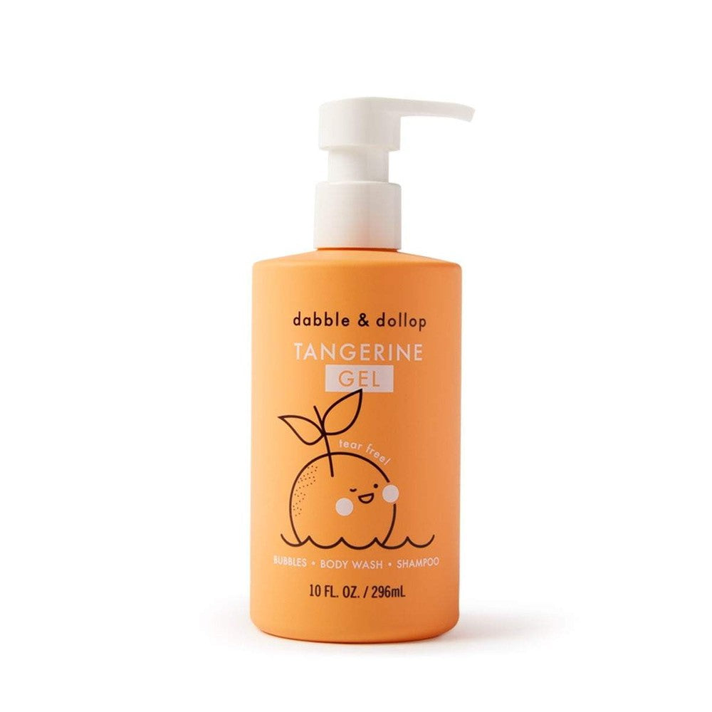 Dabble & Dollop All-Natural Shampoo, Body Wash & Bubbles Tangerine bottle with pump, orange color and playful label.