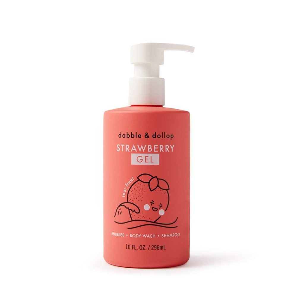 Dabble & Dollop All-Natural Shampoo, Body Wash & Bubbles Strawberry bottle with white pump, coral pink hue.
