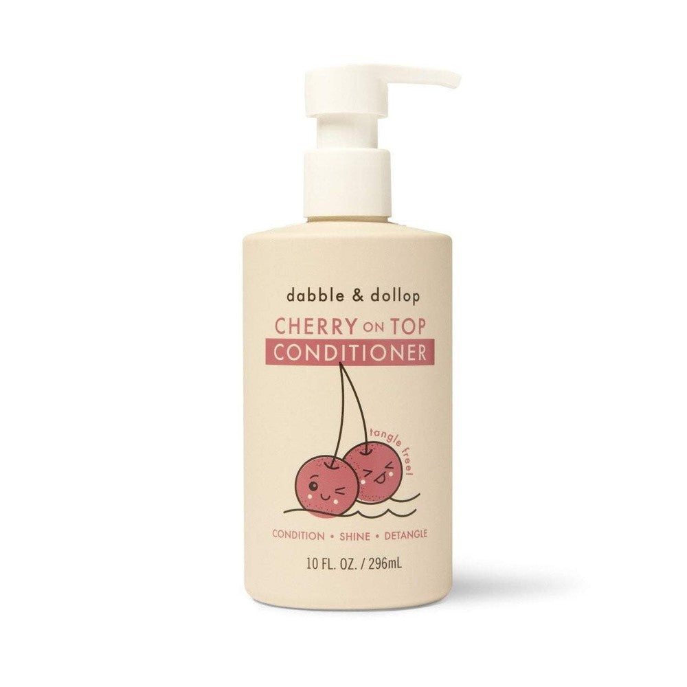 Dabble & Dollop Cherry on Top Conditioner bottle with pump, pastel label and cute cherries signaling conditioning, shine, detangle.