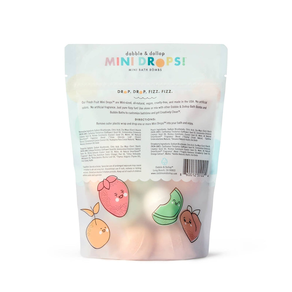 Dabble & Dollop Mini Drops Bath Bombs All-Natural Fresh Fruit in a pastel pouch with strawberry, orange, and lime illustrations.