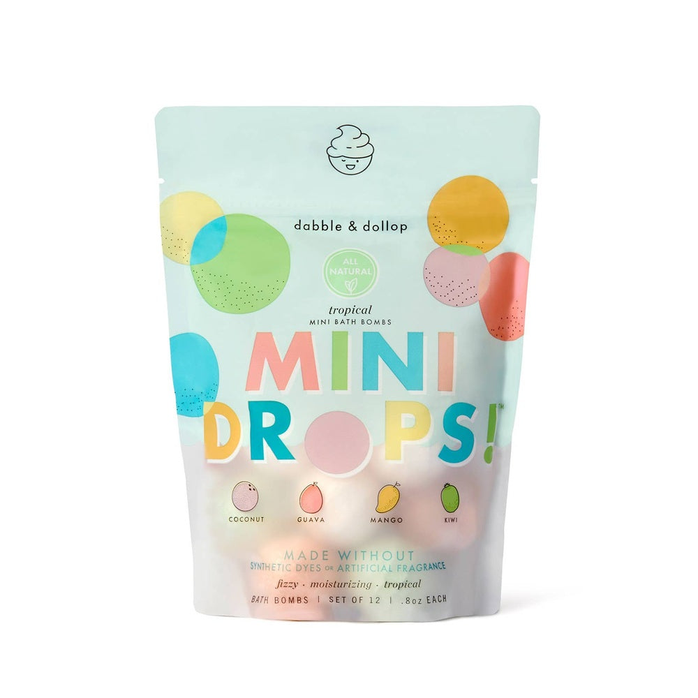Dabble & Dollop Mini Drops Bath Bombs bag shows 12 colorful, all-natural tropical bombs upright on a white surface.
