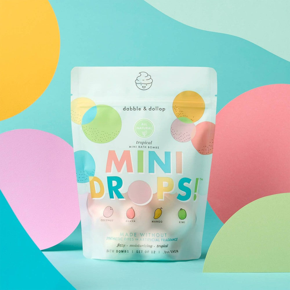 Dabble & Dollop Mini Drops bath bombs, all-natural tropical scents, 12-pack in pastel pouch.