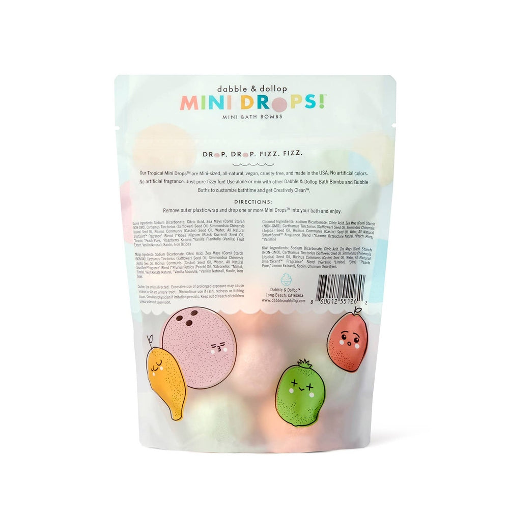 Dabble & Dollop Mini Drops Bath Bombs pouch showing colorful fruit graphics and visible mini bombs inside.