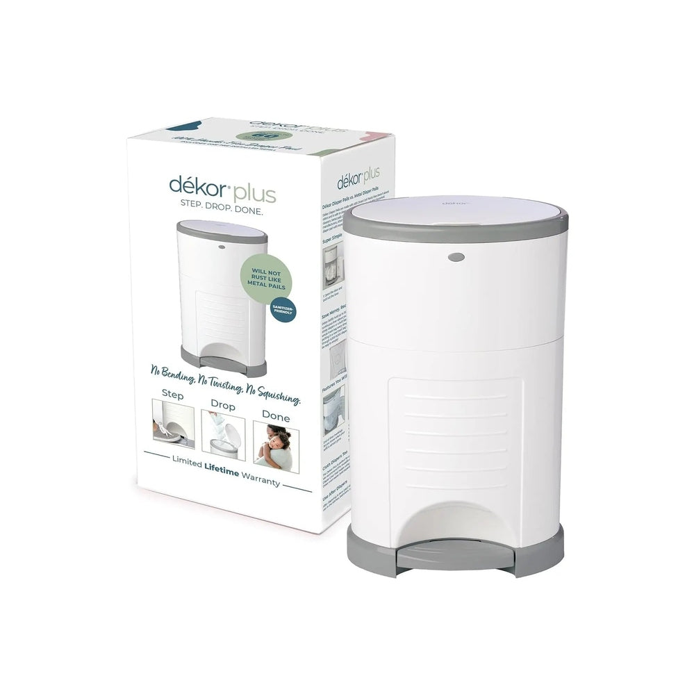 Dekor Plus Diaper Pail, white with gray lid and base, foot-pedal for hands-free disposal.