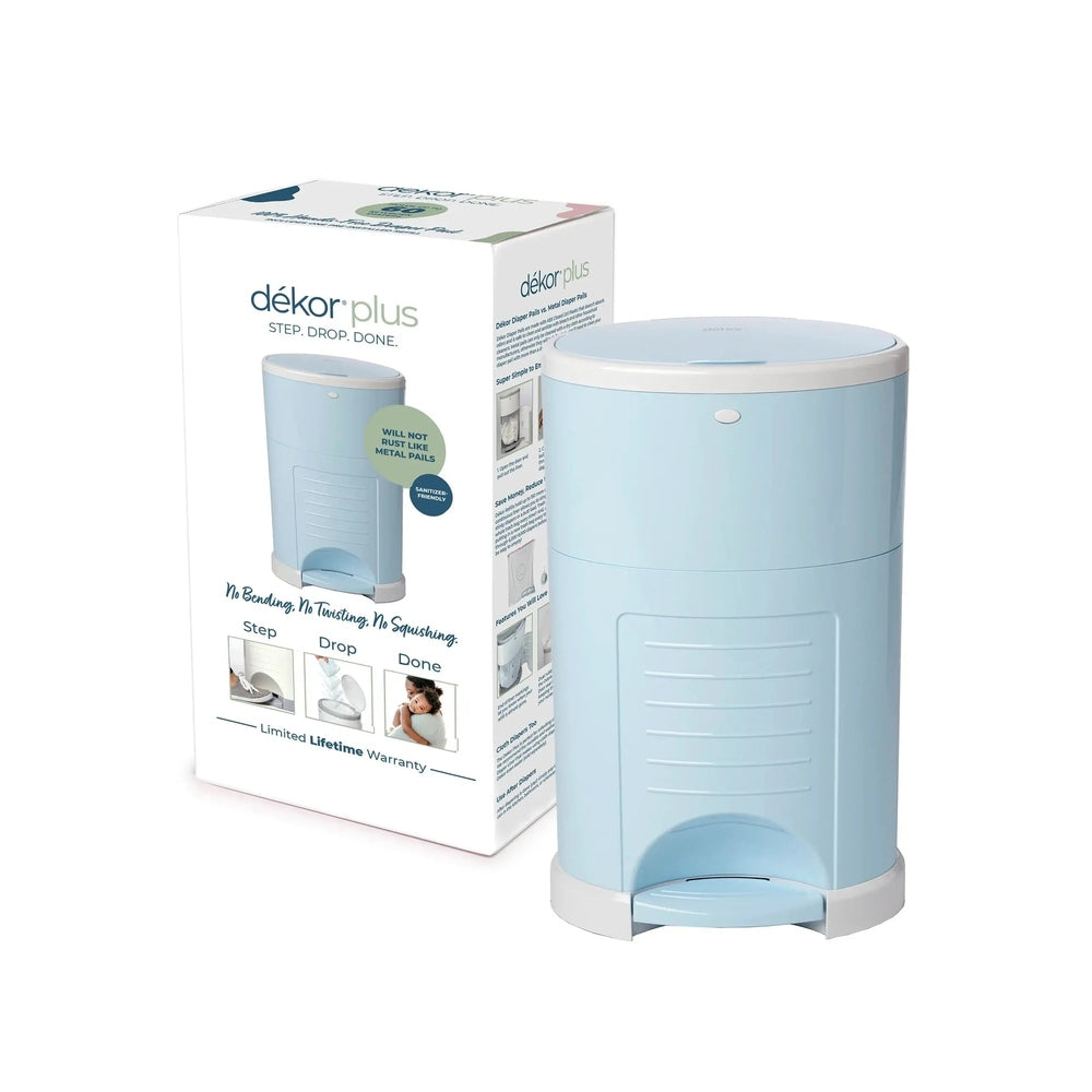 Dekor Plus Diaper Pail in pastel blue with white lid and foot pedal, shown next to the DEKOR box.