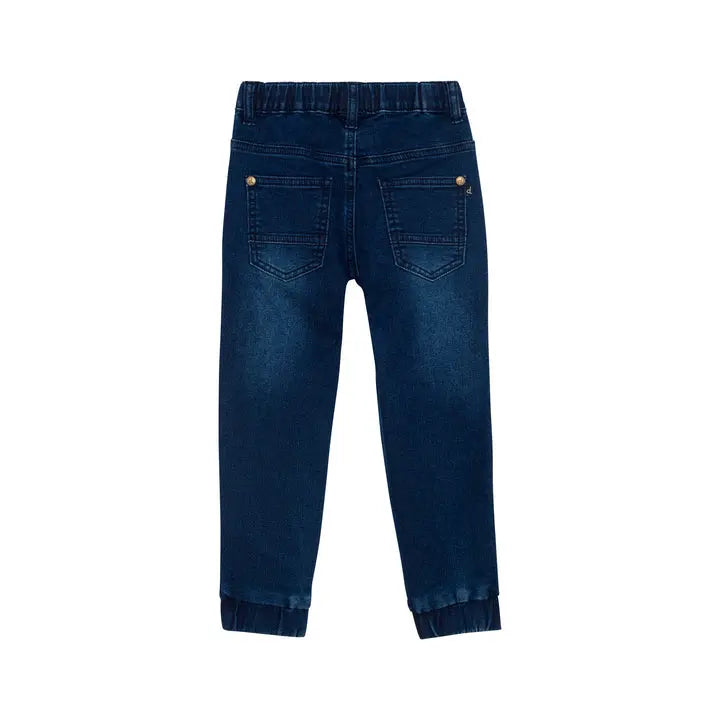 Deux Par Deux French Terry Jogger Pant Navy Denim; back view shows elastic waist, back pockets, cuffed ankles