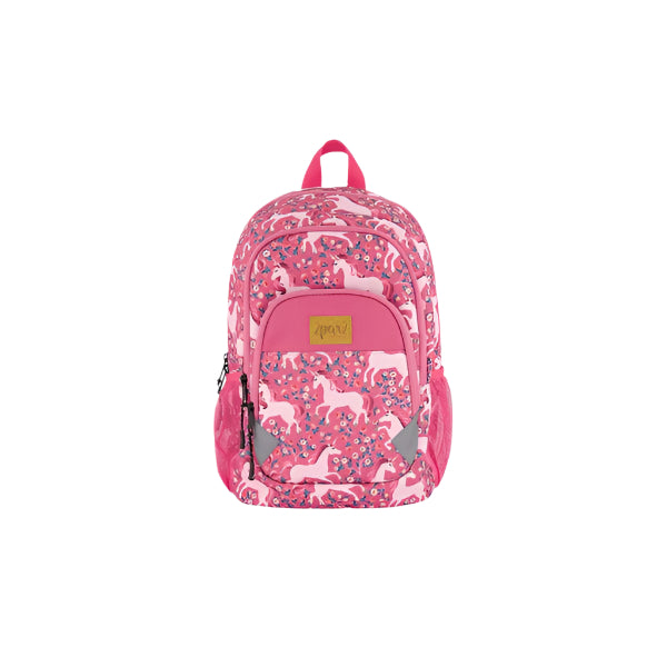 Deux Par Deux Toddler Backpack in pink unicorn print with front pocket, pink trim, and side mesh pockets.