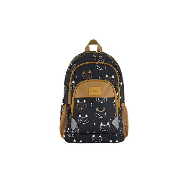 DEUX PAR DEUX Toddler Backpack with black fox-print fabric and tan accents, featuring front zip pocket and side pockets.