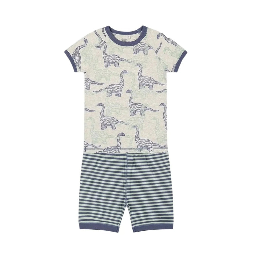 Deuxpardeux Organic Cotton Two Piece Short Pajama Set Heather Beige Printed Dinosaurs