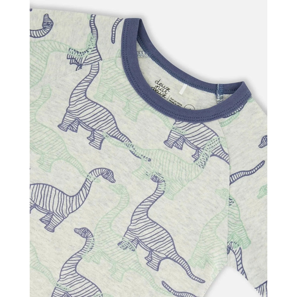 Deuxpardeux Organic Cotton Two Piece Short Pajama Set Heather Beige Printed Dinosaurs