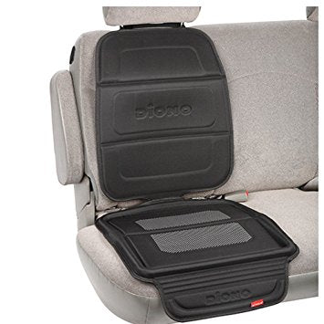 Diono Seat Guard Complete car seat protector in black, attached to a light-gray car seat with a fold-down front panel.