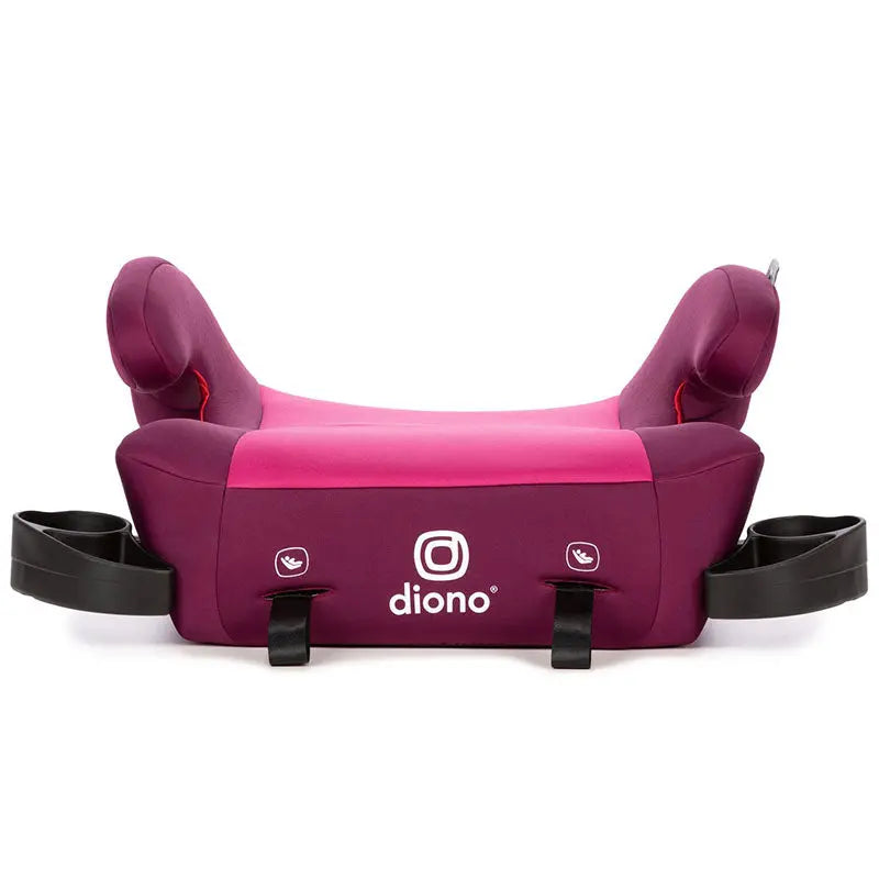 Diono Solana 2 booster seat with LATCH in pink/purple, featuring side cup holders and belt strap anchors.