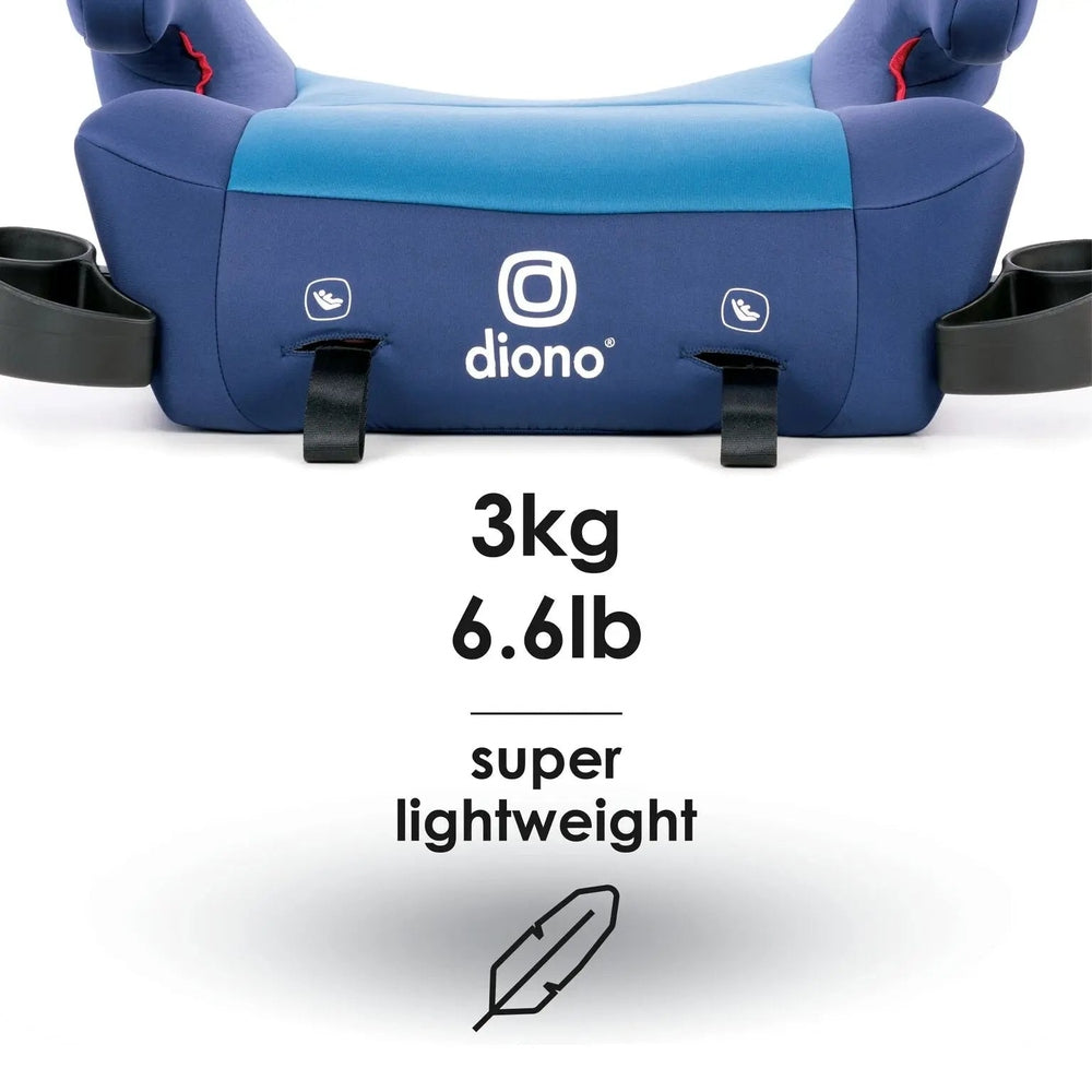 Diono Solana 2 booster seat in blue with built‑in LATCH, ultra lightweight at 3kg (6.6lb).