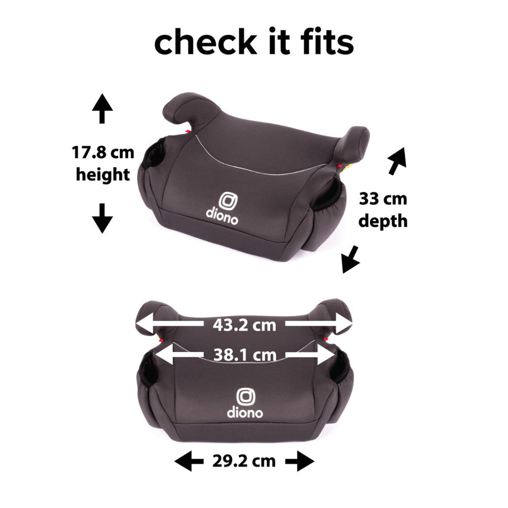 Diono Solana backless booster car seat in dark gray; 43.2 cm wide, 33 cm depth, 29.2 cm base.