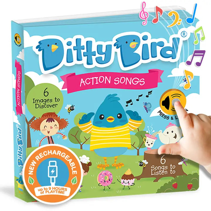 Ditty Bird Sound Book Action Songs USB-C Rechargeable; a child presses a button to play music on the blue cover.