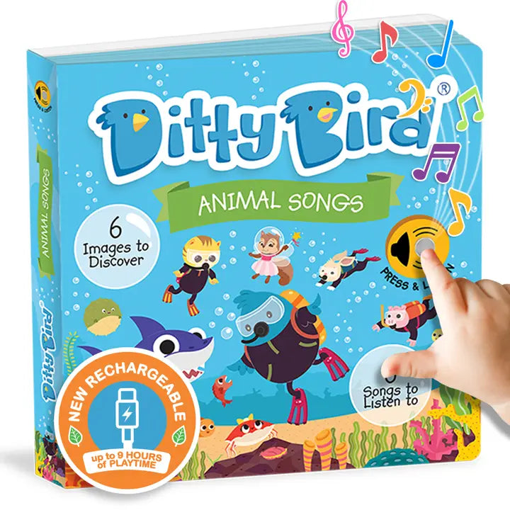 Ditty Bird Sound Book Animal Songs USB-C Rechargeable; a colorful cover shows a hand pressing the musical note button.