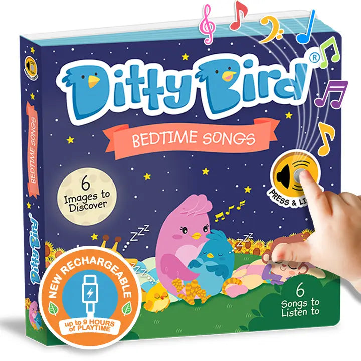 Ditty Bird Sound Book Bedtime Songs USB-C Rechargeable, blue night-sky box; hand presses button to play lullabies.
