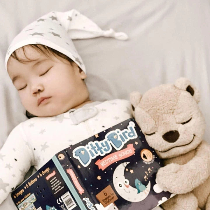 Ditty Bird Sound Book Bedtime Songs USB-C rechargeable beside a sleeping baby with a plush bear.