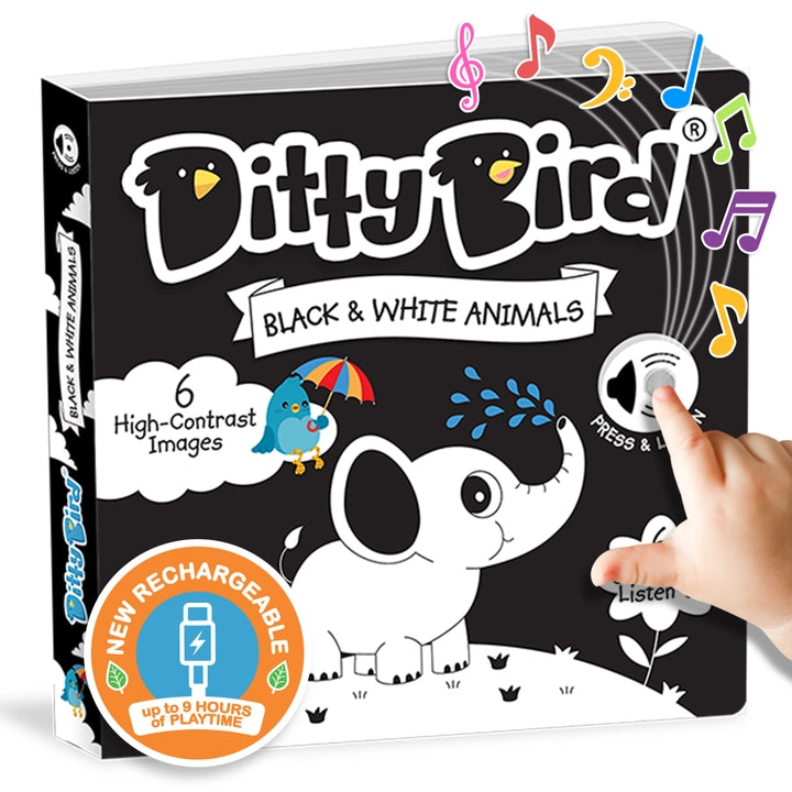 Ditty Bird Sound Book Black and White Animals USB-C Rechargeable, child presses the listen button.
