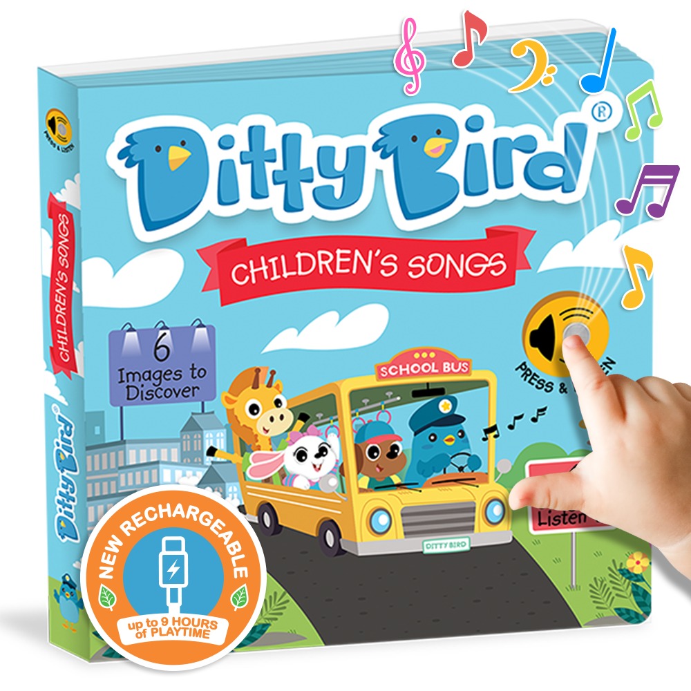 Ditty Bird Sound Book Children's Songs USB-C Rechargeable, blue cover, hand pressing the listen button.