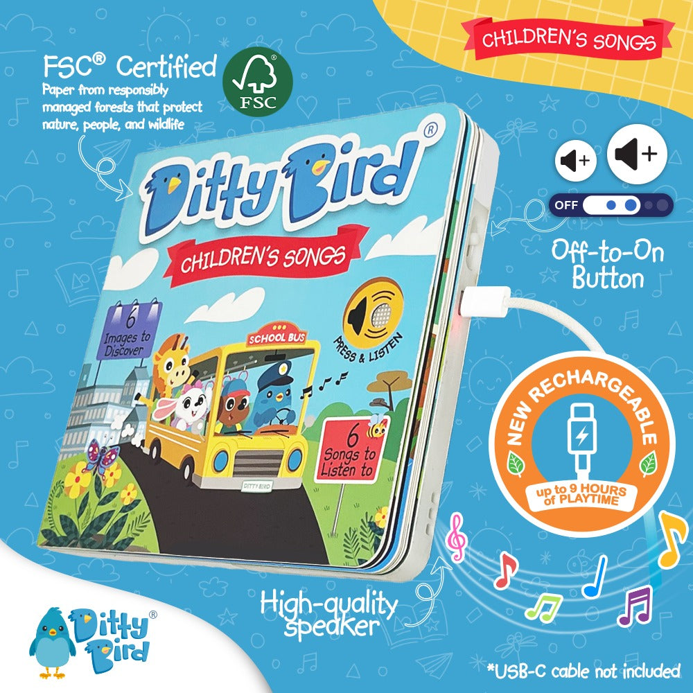 Ditty Bird Sound Book Children's Songs USB-C Rechargeable with off-on button powering a high-quality speaker.