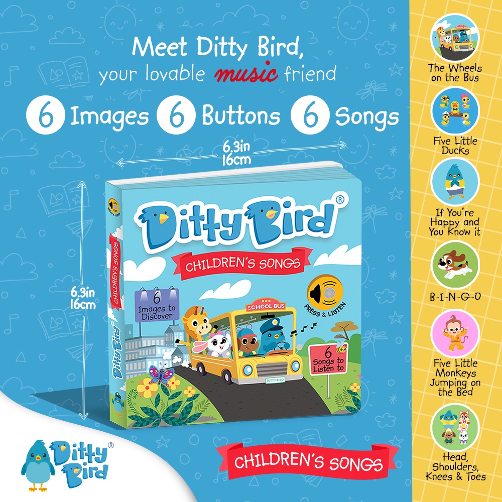 Ditty Bird Children's Songs USB-C rechargeable toy book with 6 buttons, 6 songs, blue cover.
