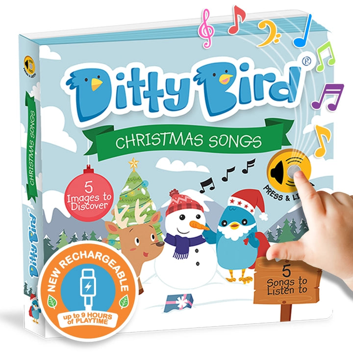 Ditty Bird Sound Book Christmas Songs USB-C Rechargeable, blue birds on snow; a child presses the listen button to play.