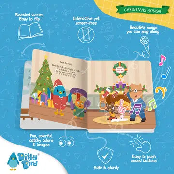 Ditty Bird Sound Book Christmas Songs USB-C Rechargeable, open to festive pages with singing animals and a Christmas tree.