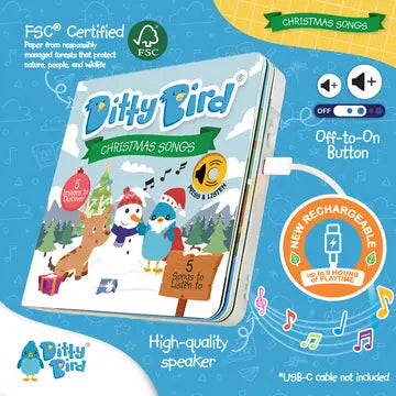 Ditty Bird Christmas Songs USB-C Rechargeable sound book opened to festive pages with visible power button.