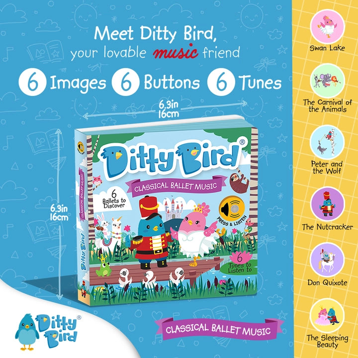 Ditty Bird Sound Book Classical Ballet Music USB-C Rechargeable with 6 buttons; the box shows six tunes to listen to.