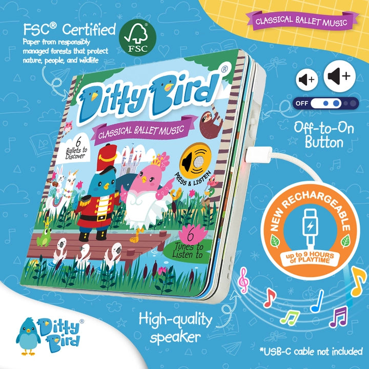 Ditty Bird Sound Book Classical Ballet Music USB-C Rechargeable in a bright blue scene with off-on button and visible speaker.
