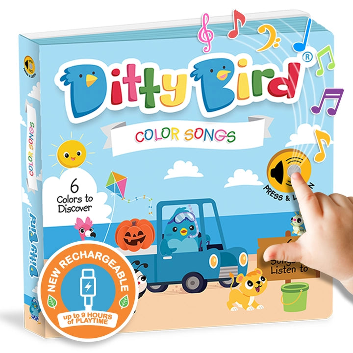 Ditty Bird Color Songs USB-C Rechargeable sound book in a bright blue box; a hand presses the melody button to play.