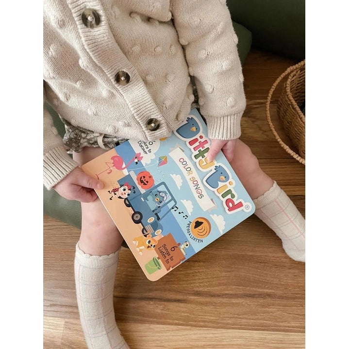 Ditty Bird Sound Book Color Songs USB-C Rechargeable held by a toddler in a cream cardigan, vibrant cover visible.