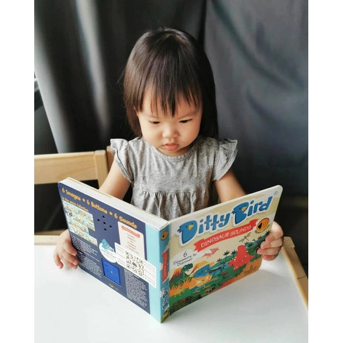 Ditty Bird Dinosaur Sounds book being read by a toddler; a colorful DITTY BIRD educational toy.