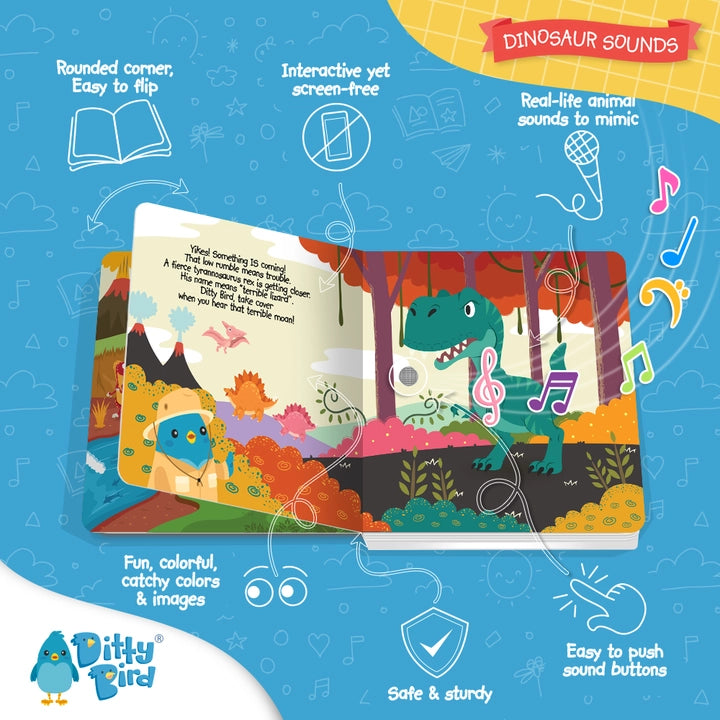 Ditty Bird Sound Book Dinosaur Sounds USB-C Rechargeable; open pages show playful dinosaurs and musical notes.