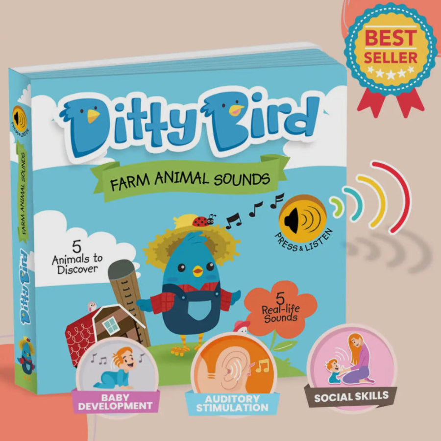 Ditty Bird Farm Animal Sounds book for toddlers, blue cover with 5 real-life farm sounds, by Ditty Bird