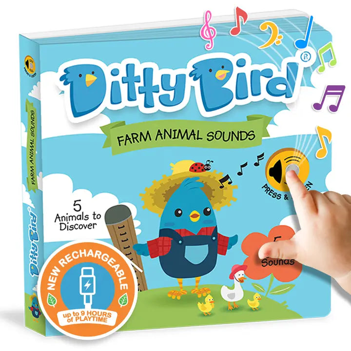 Ditty Bird Farm Animal Sounds USB-C rechargeable educational toy; blue bird on a sunny farm, hand pressing a sound button.