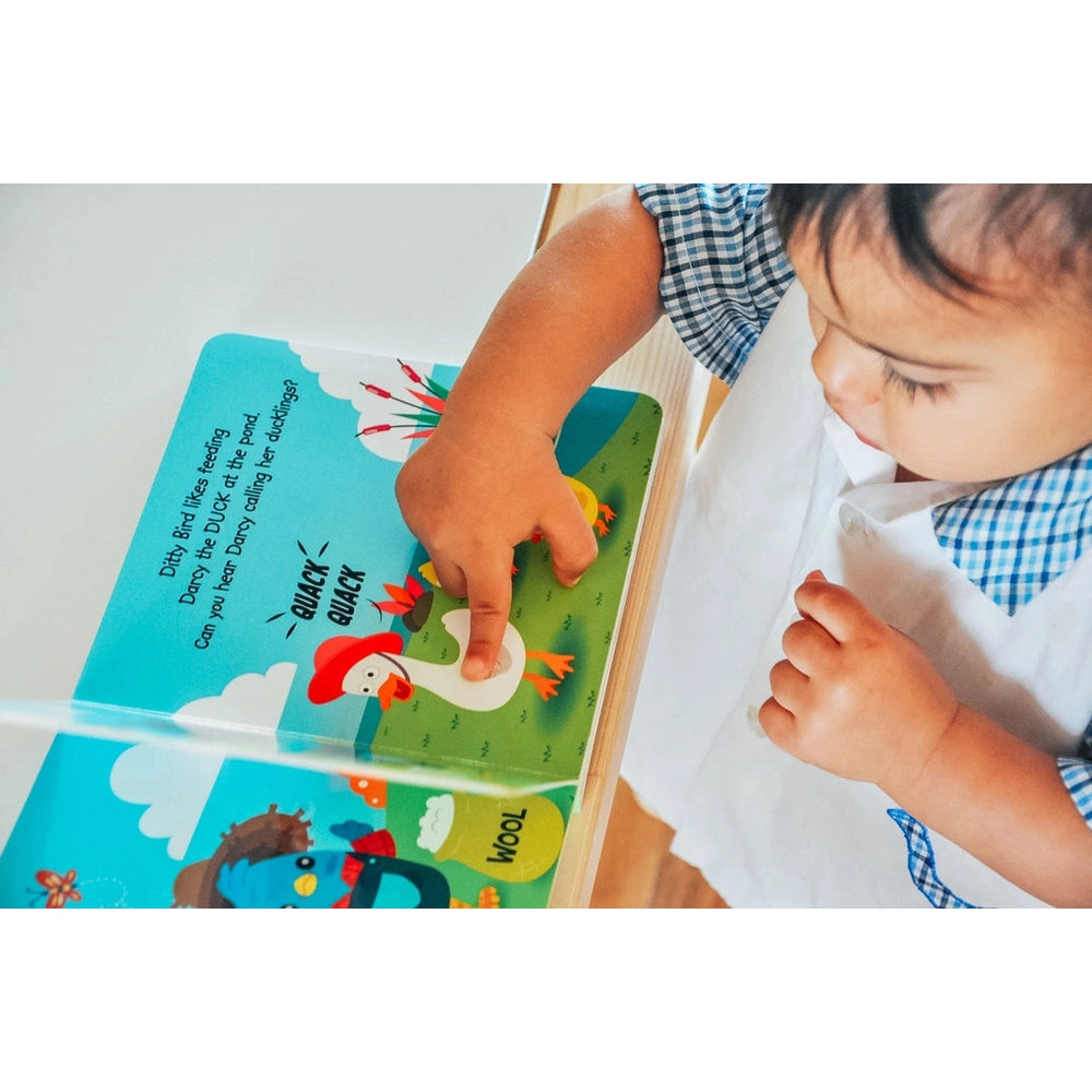 DITTY BIRD Farm Animal Sound Book, USB-C rechargeable, toddler taps colorful farm pages to hear sounds.