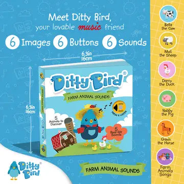 Ditty Bird Sound Book Farm Animal USB-C Rechargeable; bright packaging shows a child pressing colorful buttons to hear six animal sounds.
