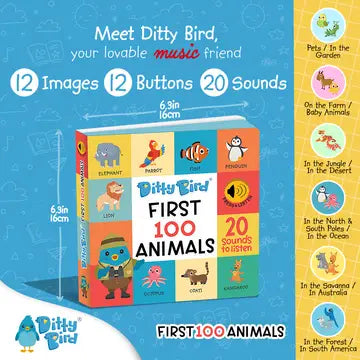 Ditty Bird Sound Book First 100 Animals USB-C Rechargeable; a child presses bright animal buttons on the colorful cube to hear 20 sounds.