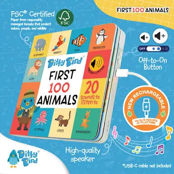 Ditty Bird Sound Book First 100 Animals USB-C rechargeable; colorful animal tiles on a tablet-style toy being charged.