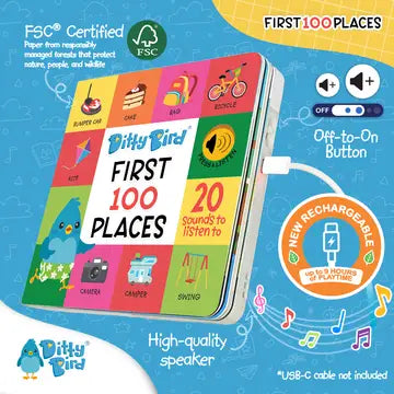 Ditty Bird Sound Book First 100 Places USB-C Rechargeable; a colorful kid-friendly speaker book with USB-C charging cord plugged in.