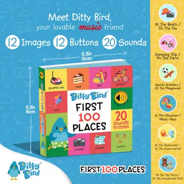Ditty Bird Sound Book First 100 Places USB-C Rechargeable, colorful box shows 12 images, 12 buttons and 20 sounds.