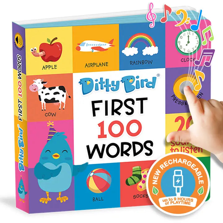 Ditty Bird First 100 Words USB-C rechargeable sound book; a child taps the side panel to hear words.