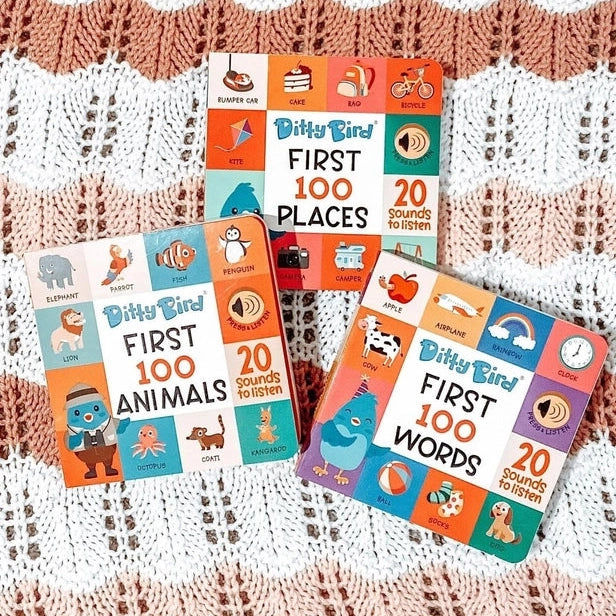 Ditty Bird First 100 Words USB-C rechargeable sound book set with 20 sounds, colorful panels on a crochet blanket.
