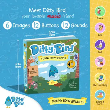 Ditty Bird Sound Book Funny Body Sounds USB-C rechargeable; child presses colorful sound buttons.