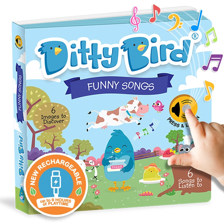 Ditty Bird Sound Book Funny Songs USB-C Rechargeable; a child presses the button to play 6 songs on the colorful cover.