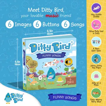 Ditty Bird Sound Book Funny Songs USB-C Rechargeable; colorful box shows six buttons and playful bird characters.